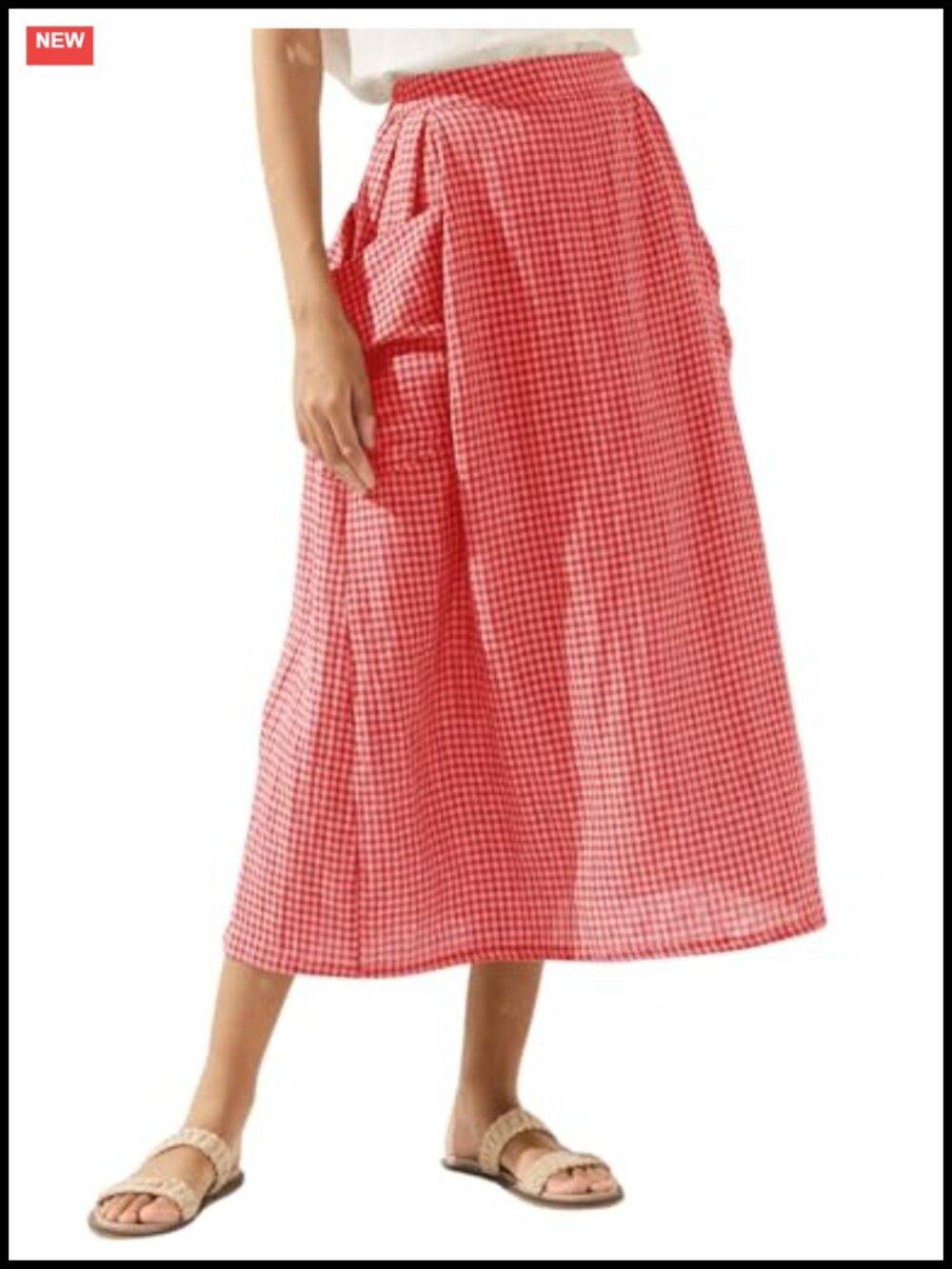 Plaid Midi Skirt with Pockets Elastic Waist A-Line Cotton Blend